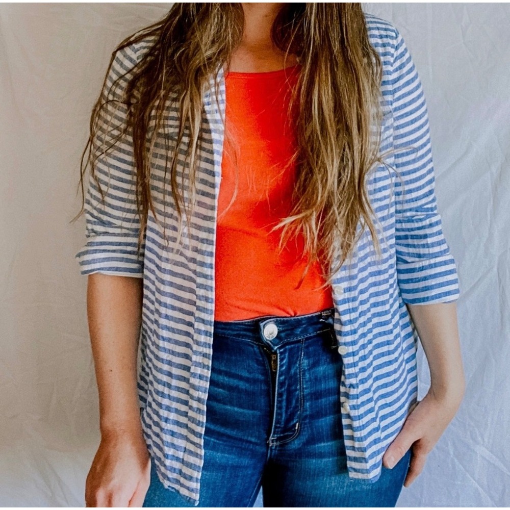 J.Crew Women Blue White Striped Linen Cotton Button Down Lightweight Shirt Large